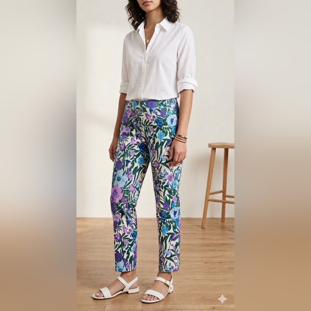 Talbots Cream Floral Cropped Pants with Blue, Purple & Green Print